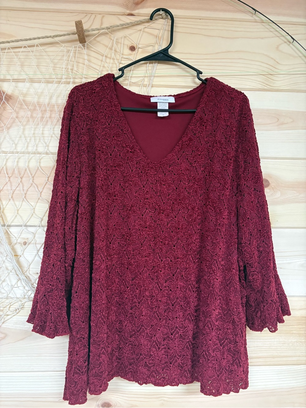 dressbarn Burgundy Lace V-Neck Long Sleeve Top